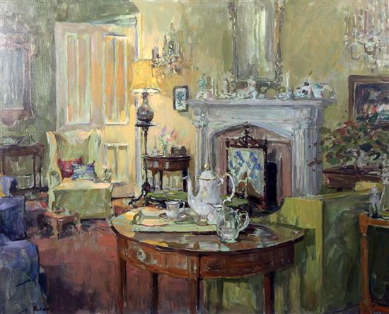 § Susan Ryder (b.1944) Drawing room interior with coffee pot, 30 x 38in.